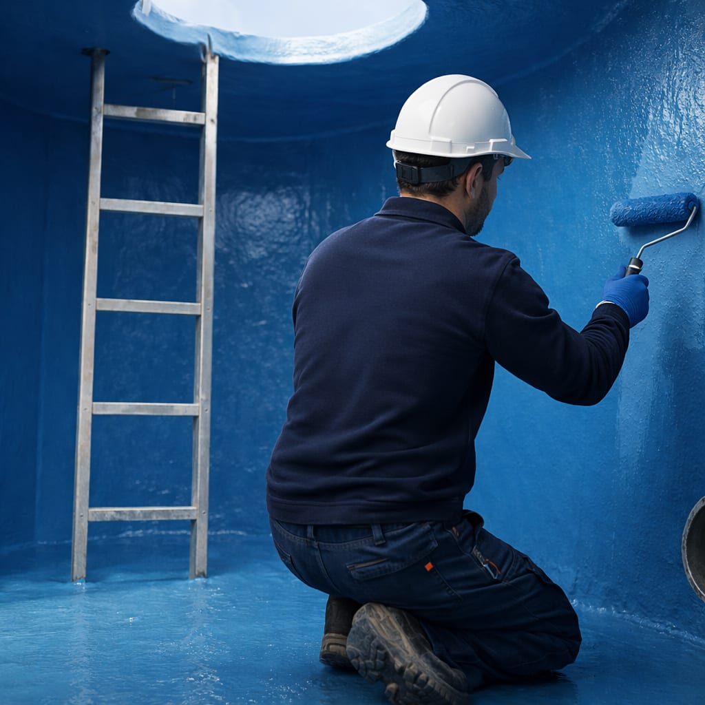 İstanbul su deposu izolasyonu: beton su deposunun iç yüzeyine yalıtım uygulayan usta (illüstrasyon)