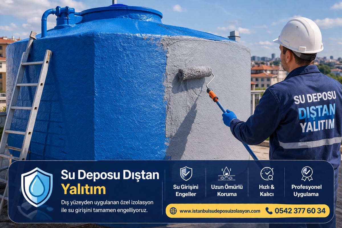 Çatıdaki su deposuna dıştan yalıtım uygulayan usta (illüstrasyon)