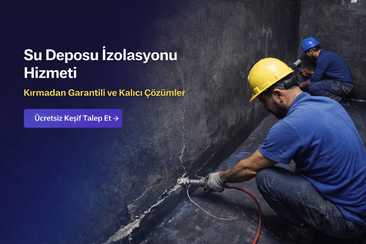 Su deposu izolasyonu hizmeti: iç yüzeyde yalıtım uygulaması yapan usta (illüstrasyon)